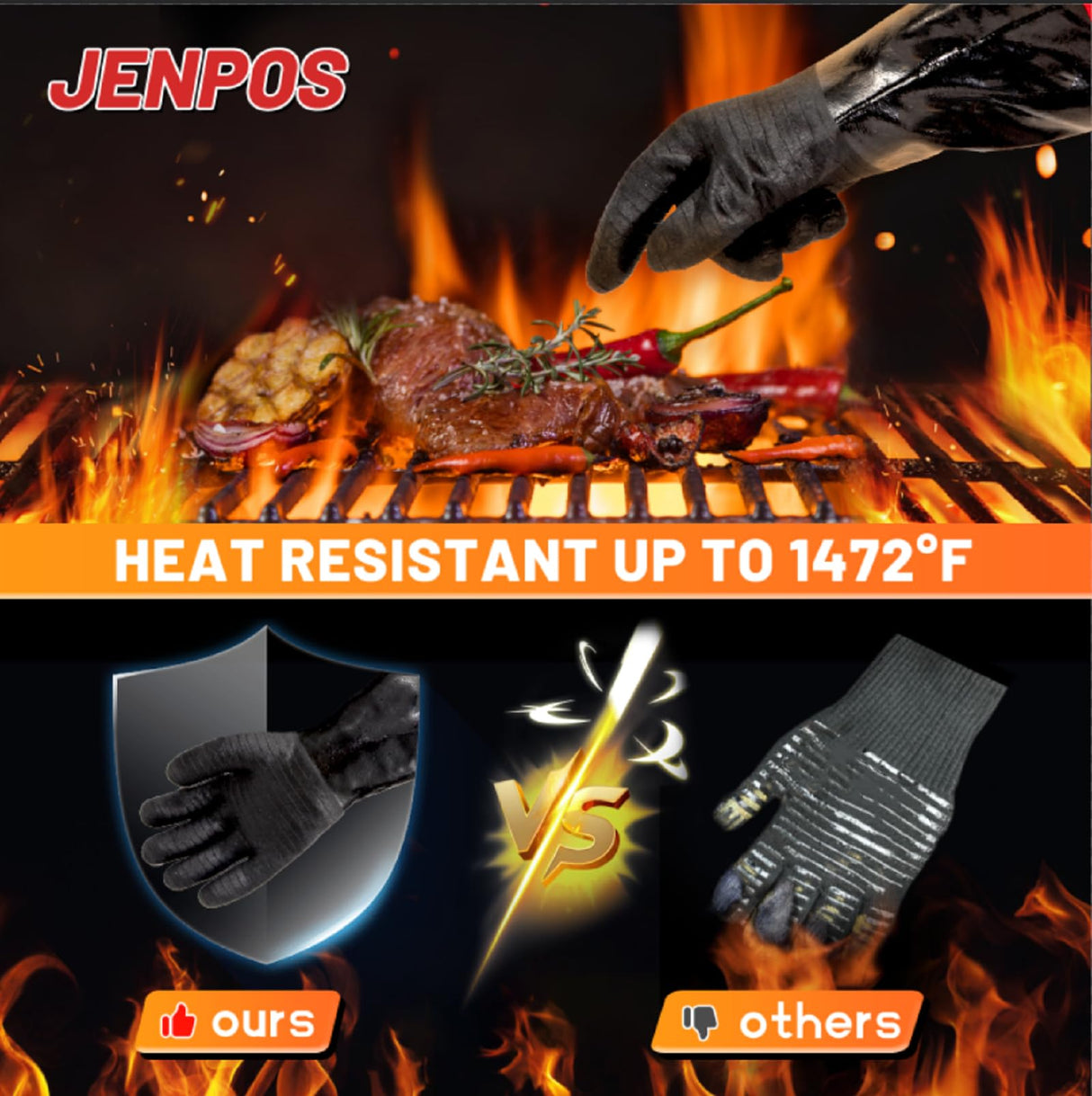 JENPOS BBQ Gloves - 1472°F Thicken Heat Resistant Gloves w/S-Hook 14 in Kitchen Oven Mitts Waterproof Grill Gloves Oil Resistant Grilling Gloves Cooking Gloves for Turkey Fryer/Baking/Oven/Smoker Jenpos