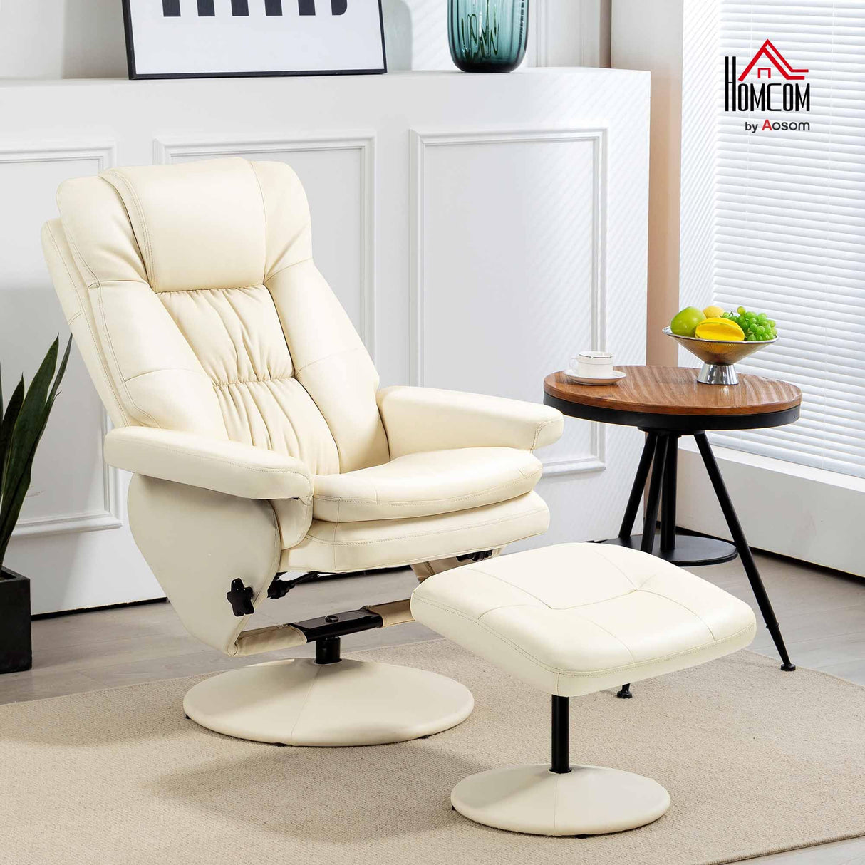 HOMCOM Swivel Recliner with Ottoman, PU Leather Reclining Chair with Ottoman, Upholstered Recliner and Footrest with Wrapped Base for Living Room, Bedroom and Home Office, Cream White HOMCOM