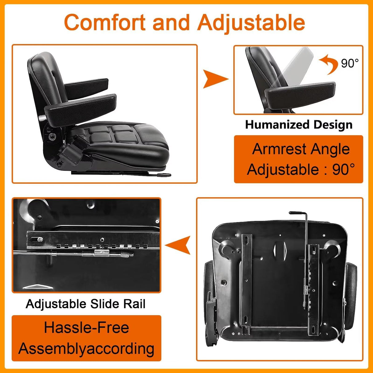 Universal Fold Down Forklift Seat Tractor Replacement Black PVC Mower with 180° Adjustable Backrest Angle, Armrests, Belt and Slide Fits Most Heavy Mechanical Tenqa