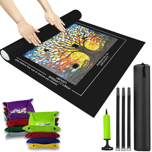 Puzzle Roll Mat Puzzle Storage Puzzle Saver with 8 Colored Sorting Trays Storage Bag Pump Jigsaw Felt Mat with Anti-Leak Tube & 3 Elastic Bands Portable Puzzle Keeper (3000pcs Black)