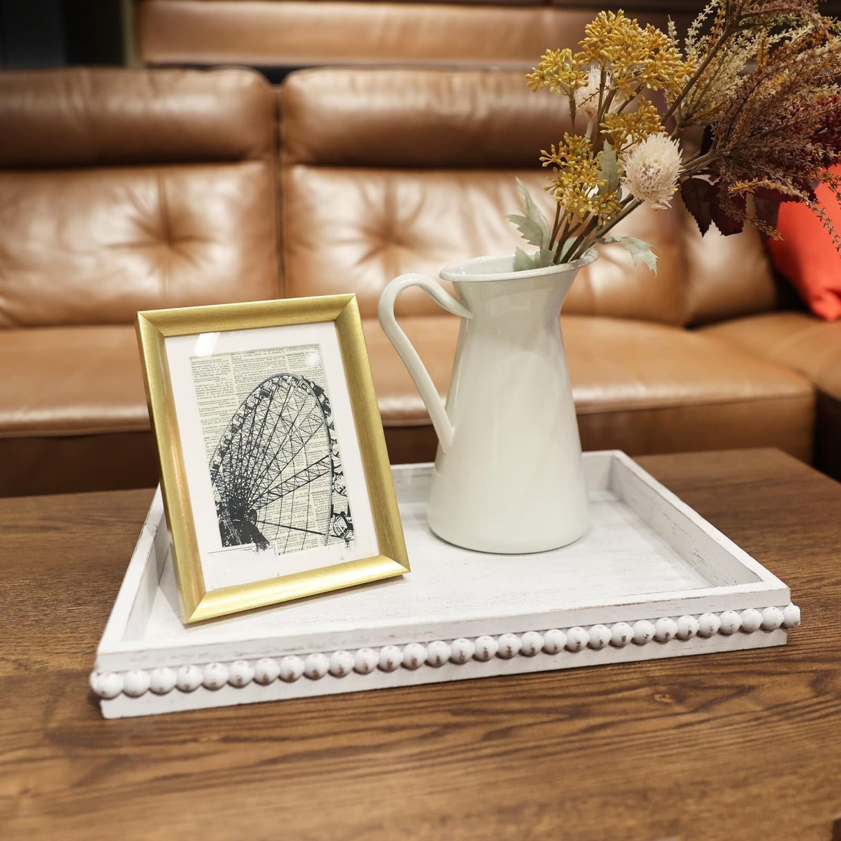 Hrastany Wood Decorative Coffee Table Serving Tray, Farmhouse Rectangular Tray with Wooden Bead for Ottoman, Entertaining, Home Decor, 15.7”*11.8”*1.57” (Whitewashed) Hrastany