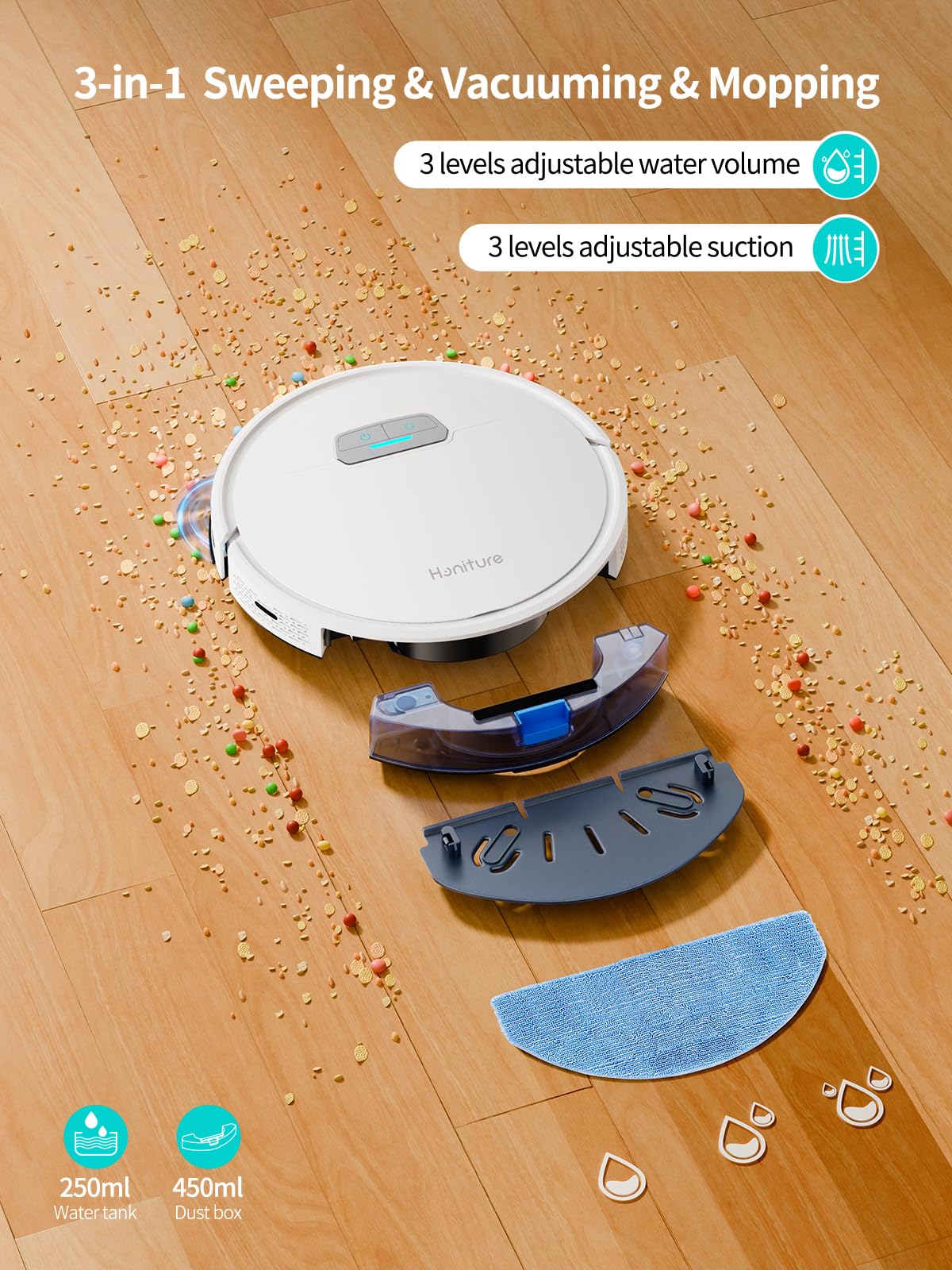 HONITURE Robot Vacuum and Mop Combo, 4000pa Strong Suction, G20 Robot Vacuum Cleaner with Self-Charging, 150Mins Max, App&Remote&Voice Control, Super-Slim, Ideal for Pet Hair HONITURE