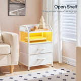 HOOBRO Nightstand with Charging Station, Bedside Table with Adjustable Fabric Drawer, Night Stand with LED Light Strip, End Table with Non-Woven Drawers, for Bedroom, White WT012UDBZ01 HOOBRO