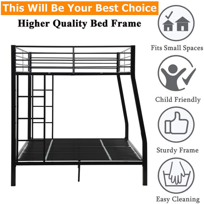 ZMIZAKOY Metal Full XL Over Queen Bunk Bed for Adults, Heavy Duty Bunk Bed Full Over Queen with 2 Ladders & Safety Guardrail for Kids and Adults, Easy Assemble Queen Size Bunk Beds (Black)