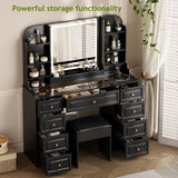 YYJ 42" Makeup Vanity Desk with Mirror and Lights, & Power Outl,Glass Top Big Vanity Table with 9 Drawers& 8 Storage Shelves,Dressing Table Set with Chair for Bedroom, Black.. YYJ