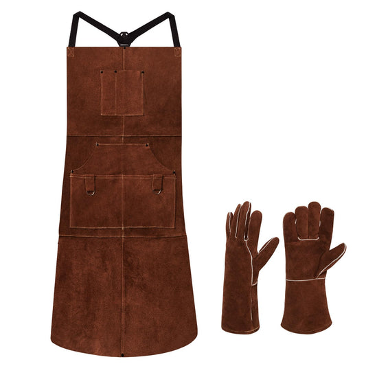 eletecpro Woodworking Apron Heavy Duty- Length 42 Inch 6 Pockets Leather Welding Apron & Welding Gloves Cowhide Fire/Heat Resistant Shop Apron Men/Women (Brown) - WoodArtSupply