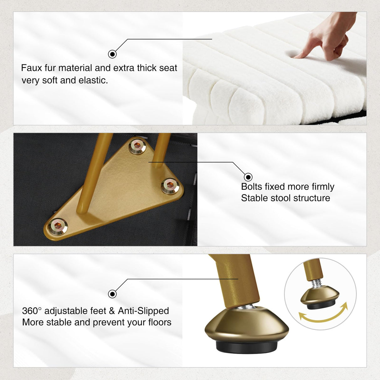 Greenstell Vanity Stool Chair Faux Fur with Storage, 15.7"L x 11.8"W x 19.4"H Soft Ottoman 4 Metal Legs with Anti-Slip Feet, Furry Padded Seat, Modern Multifunctional Chairs for Makeup, Bedroom White GREENSTELL