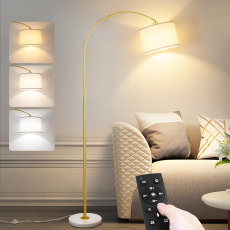 Arc Floor Lamp with Remote, Modern Standing Lamp for Living Room with Stepless Dimmable Bulb, Drum Shade, Foot Switch, Tall Floor Lamp for Farmhouse Bedroom Night Stand (Gold) Qingmiao