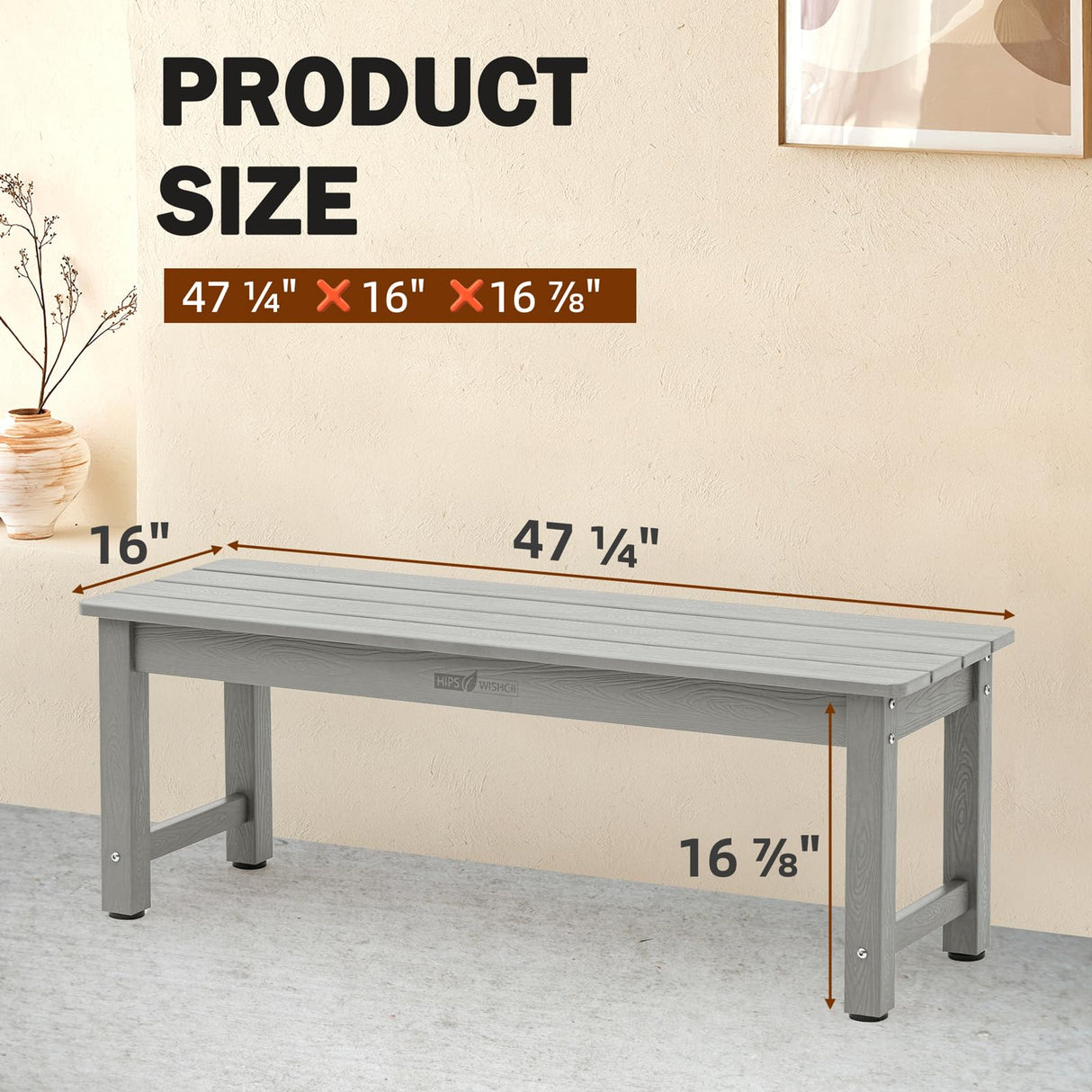 WISHCII Outdoor Bench, Poly Lumber Weatherproof, 2 Person Patio Benches for Outdoors, Never Rot and Fade Backless Bench, Suit for Garden Park and Porch(Grey) WISHCII