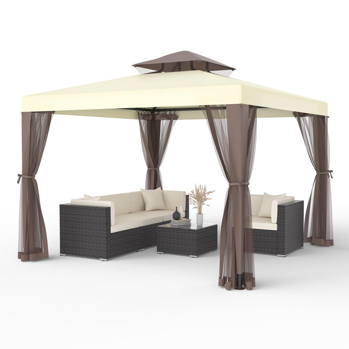 Gazebo, 10x10 Patio Gazebo Waterproof Canopy Tent UV-Resistant 2-Tier Top Sturdy Outdoor Canopy Tent for Camping with Mosquito Netting for Garden Patio Backyard(10FT x 10FT) Phonjoroo