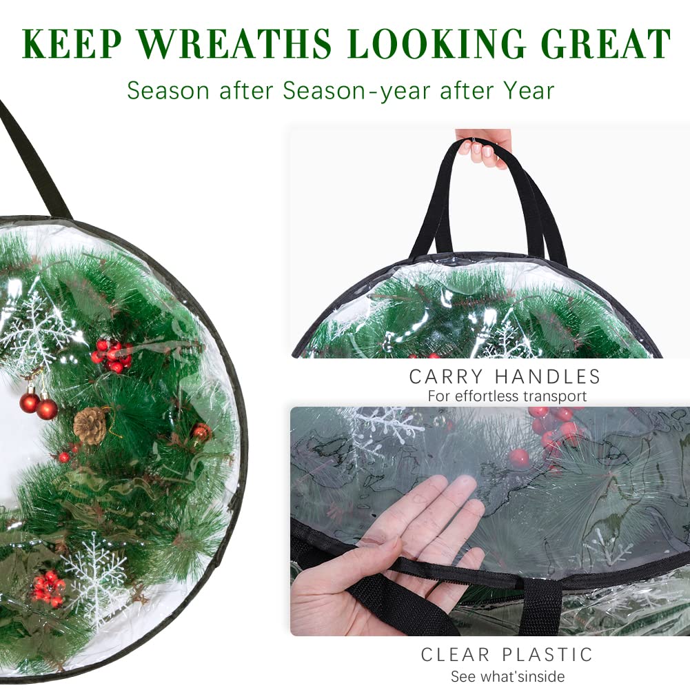 2-Pack Christmas Wreath Storage Container 24'', Clear Wreath Storage Bags with Dual Zippers for Xmas Seasonal Thanksgiving Holiday Artificial Wreath Storage foci cozi
