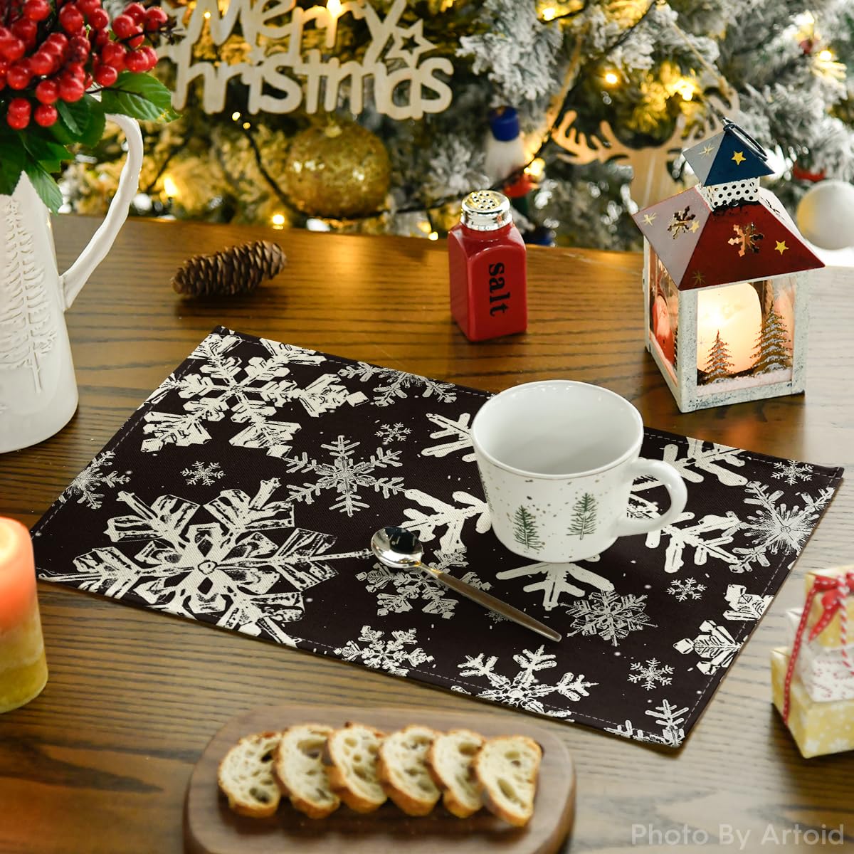 Artoid Mode Black Snowflakes Christmas Placemats for Dining Table, 12 x 18 Inch Seasonal Winter Washable Table Mats Set of 4 Artoid Mode
