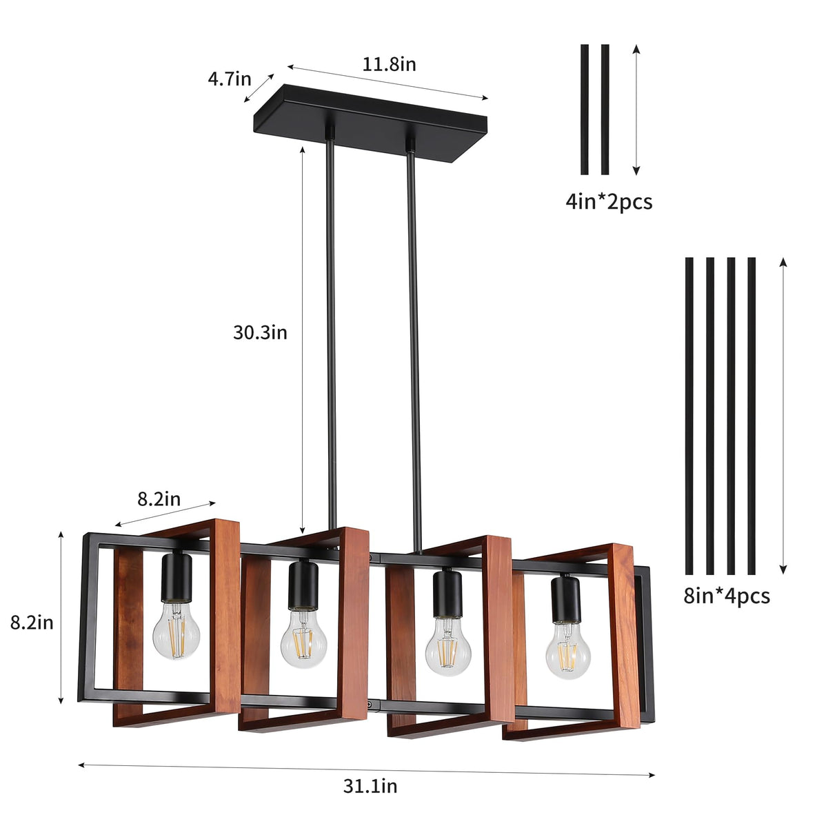 HUMHOLD 4-Light Kitchen Island Lights Pendant Light Farmhouse Dining Room Light Fixture, Rustic Wood and Black Metal Rectangular Chandelier, 32" Hanging Lighting for Living Room, Bar HUMHOLD