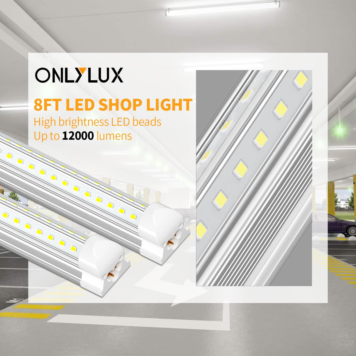 ONLYLUX 8ft LED Shop Light - 90W 12000lm 5000K, 8 Foot Led Shop Light Fixture, V Shape Bulbs for Garage, 8 ft Led Lights, Plug and Play (10 Pack) ONLYLUX