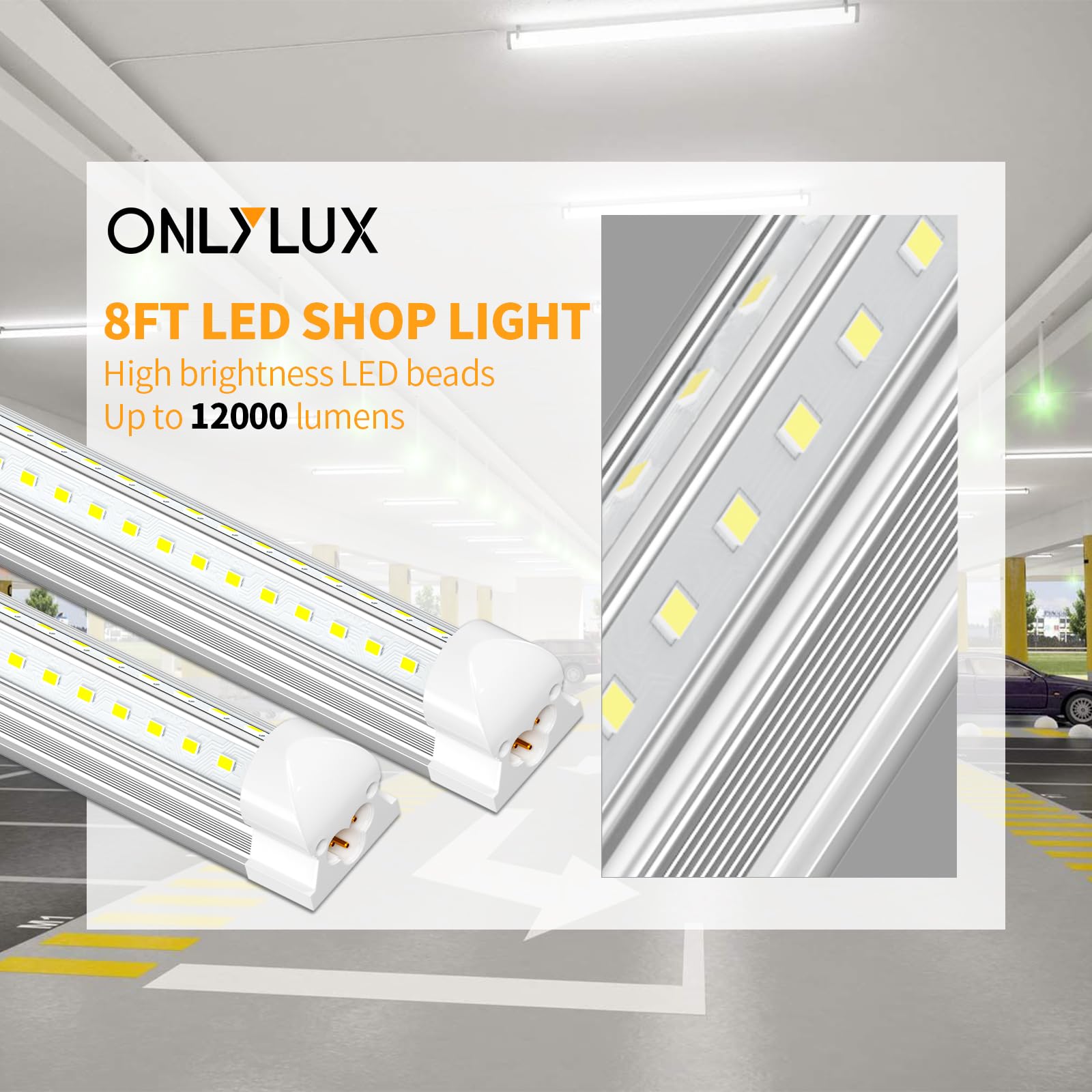 ONLYLUX 8ft LED Shop Light - 90W 12000lm 5000K, 8 Foot Led Shop Light Fixture, V Shape Bulbs for Garage, 8 ft Led Lights, Plug and Play (10 Pack) - WoodArtSupply