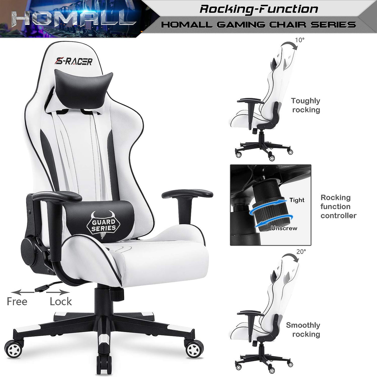 Homall Gaming Chair, Video Game Chair with Footrest and Lumbar Support, Ergonomic Computer Chair Height Adjustable with Swivel Seat and Headrest (Pale White) Homall