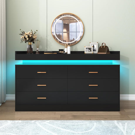 Hlivelood 6 Drawer Dresser with LED Light, Modern Chest of Drawers for Closet, Wide Drawer Organizer Cabinet for Bedroom, Living Room, Entryway, Hallway(Black) Hlivelood