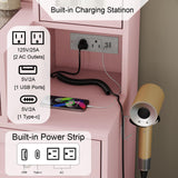 CollaredEagle 43" W Vanity Desk with Mirror & 11 Lights, 5 Drawer Modern Makeup Desk with Glass top & Cushioned Stool, 3 Lighting Modes Brightness Adjustable,Power Outlet,Bedroom，Pink CollaredEagle