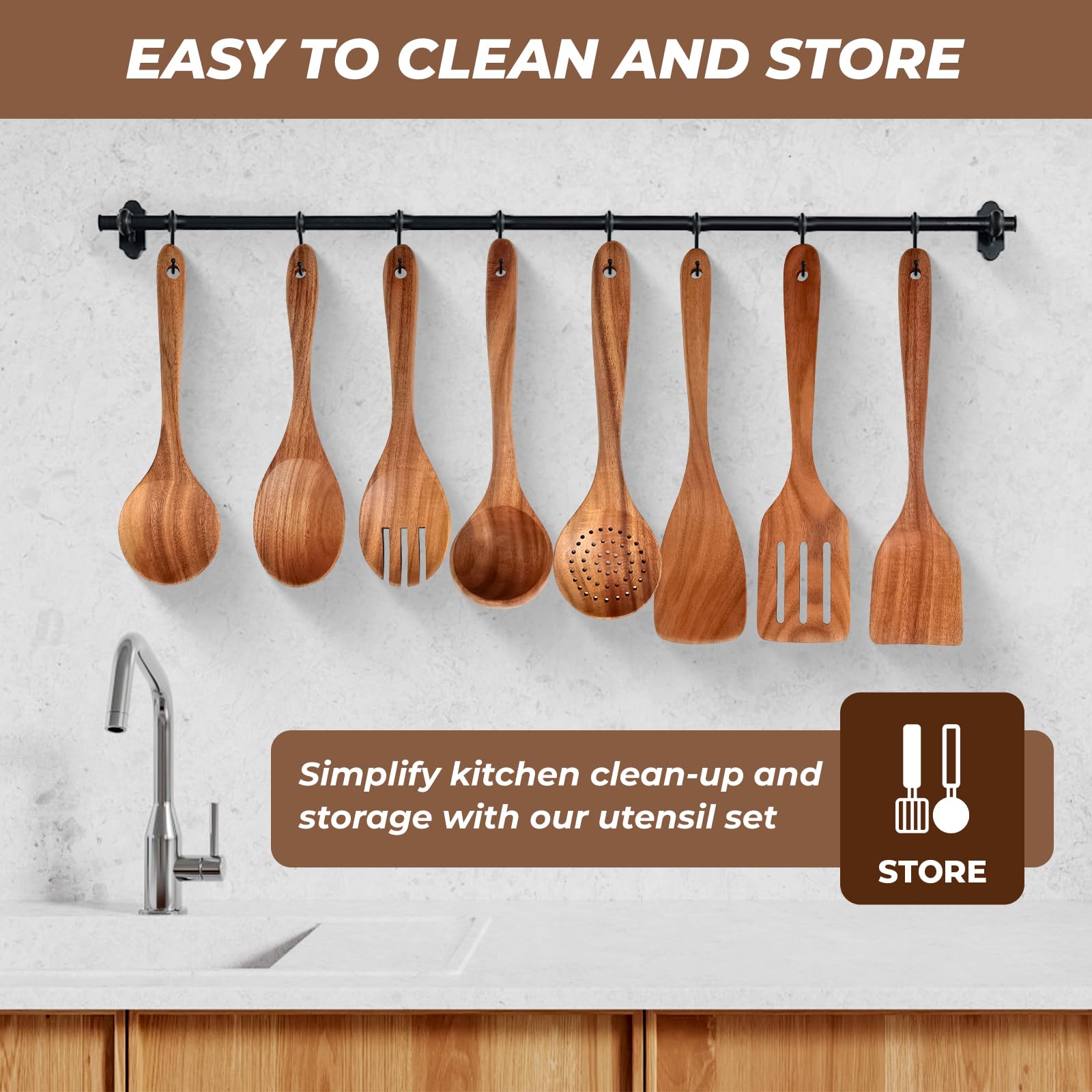 AIUHI Teak Wood Kitchen Utensil Set, 9-Piece Wooden Spoons for Cooking, Wooden Spoons Spatula for Cooking-Non-stick, Durable & Heat Resistant - WoodArtSupply