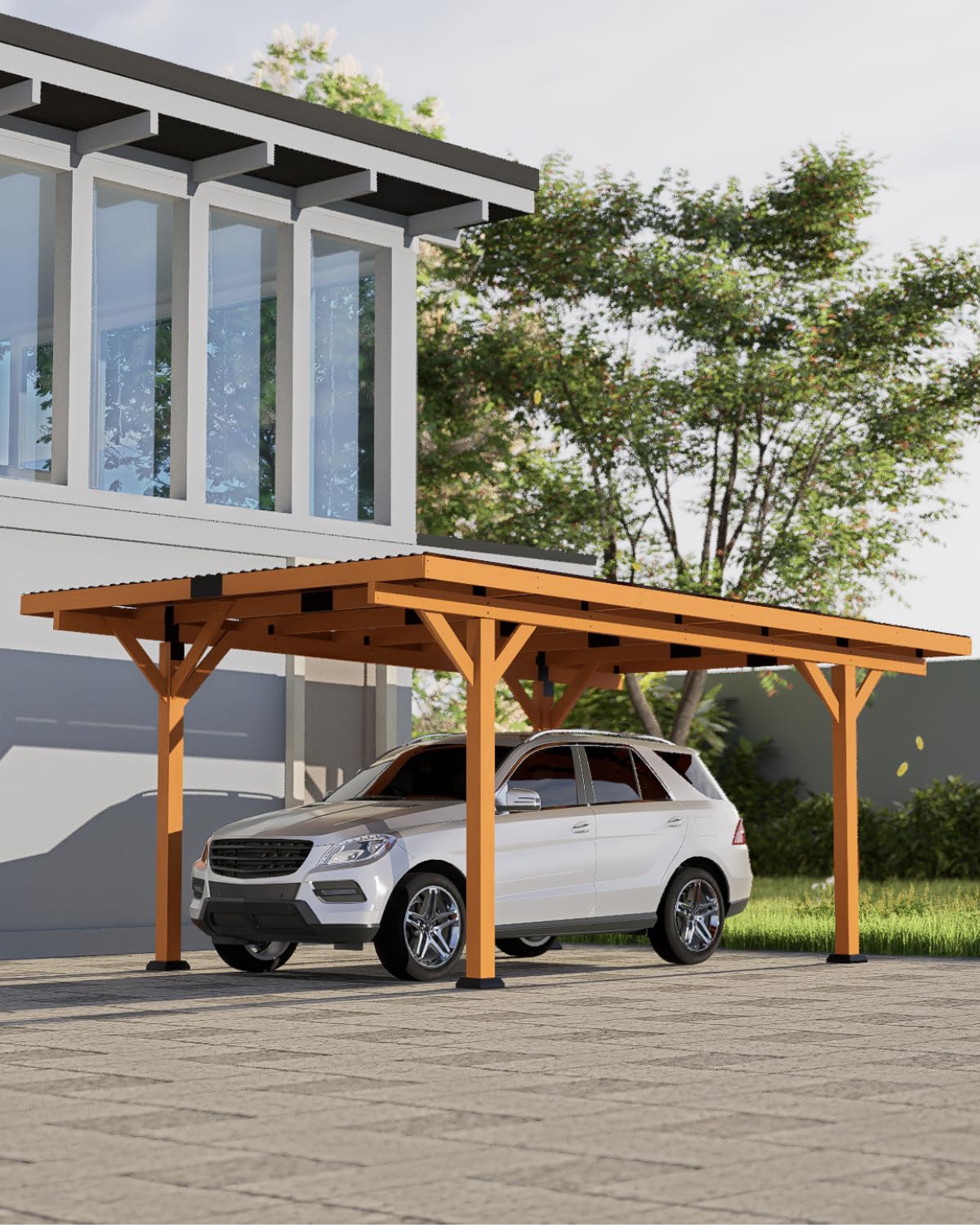 Beneouya 18.3 x 12.6 x 7.8 FT Carport, Wood Outdoor Gazebo Pavilion with Hardtop Sloped Steel Roof, Heavy Duty Waterproof Car Port for Backyard, Patio, Deck and Lawn Beneouya