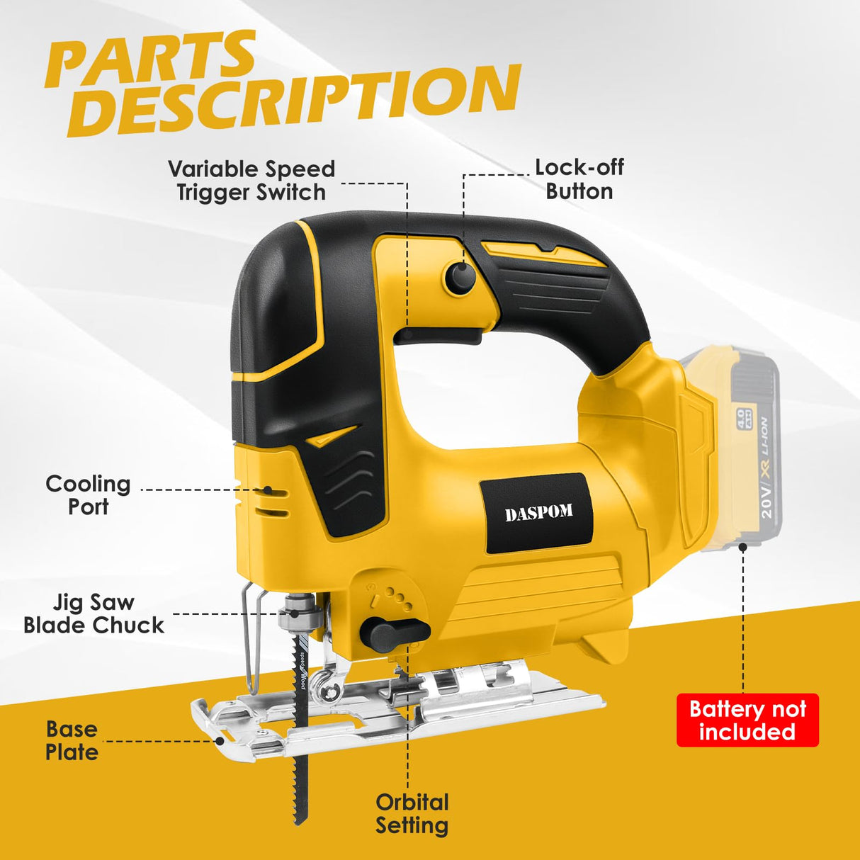Cordless Jig Saw Compatible with Dewalt 20V Battery, Brushless Orbital Jigsaw with 2600 Blade Speed, with 10pcs Blades, 4 Orbital for Wood, Plastic and Metal Cutting (No Battery) Daspom
