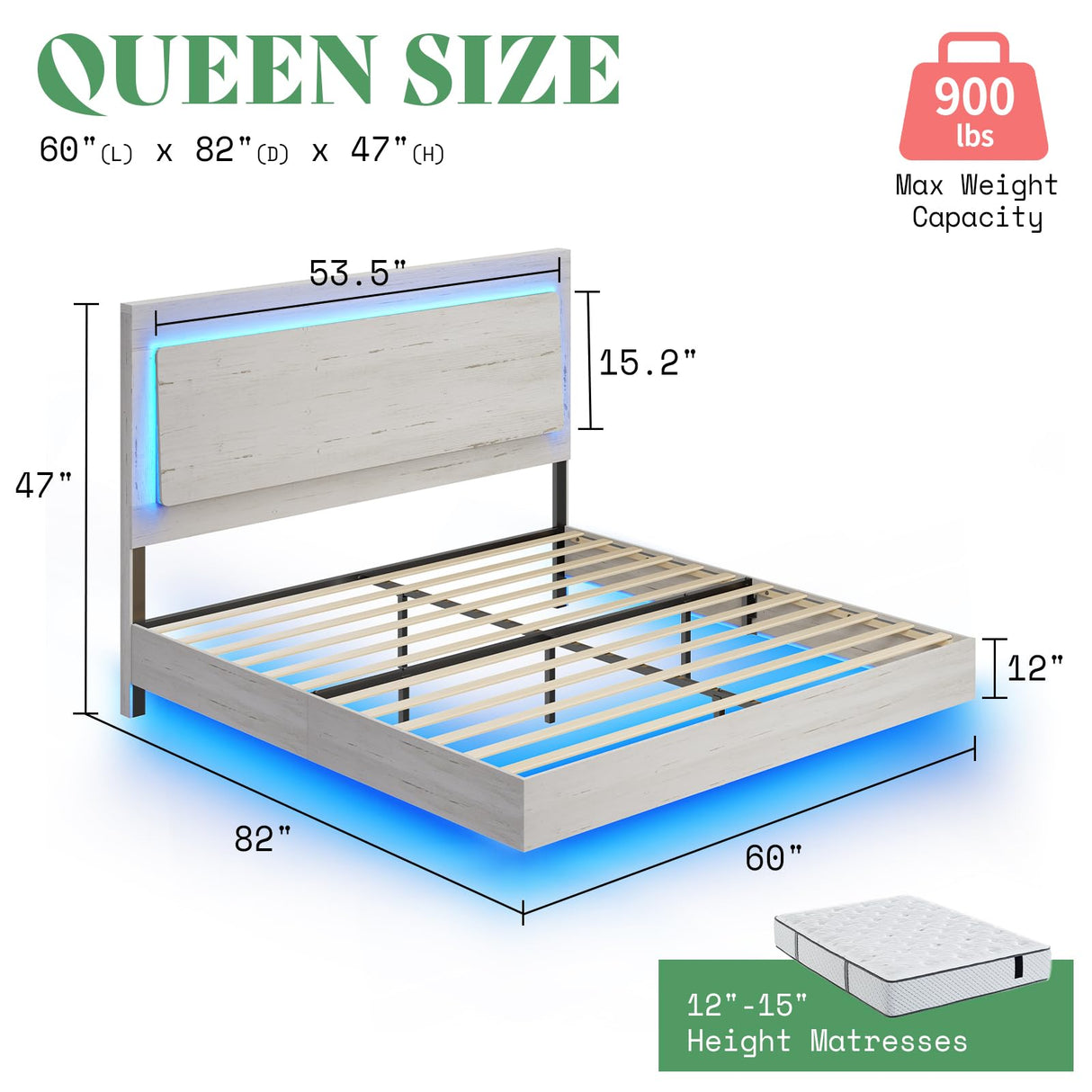 AMERLIFE Distressed White Queen Bed Frame with Floating Design, Reclining Headboard, and Versatile LED Lighting AMERLIFE