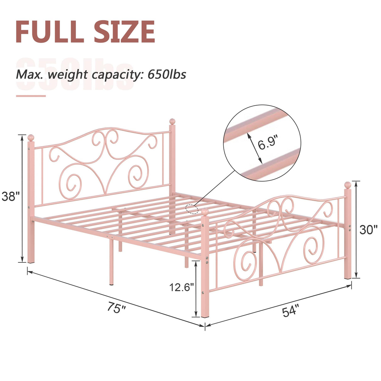 VECELO Full Size Bed Frame with Headboard and Footboard, Heavy Duty Metal Slat Support, Platform Mattress Foundation, No Box Spring Needed, Easy Assembly, Light Pink VECELO