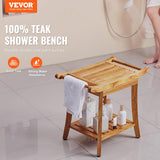 VEVOR Teak Shower Bench with Handles, 22in Waterproof Wood Shower Stool with Storage Shelf Non-Slip Feet, 300 lbs Load Capacity Shower Chair Seat, for Bathroom Indoor and Outdoor Use VEVOR