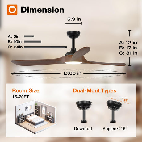 addlon Ceiling Fans with Lights, 60 Inch Indoor/Outdoor Ceiling Fan with Remote Control, Reversible, 3 Wood Blades, 6 Speeds, 3CCT Dimmable, Noiseless, Large Ceiling Fan for Patio, Gazebo, Farmhouse addlon