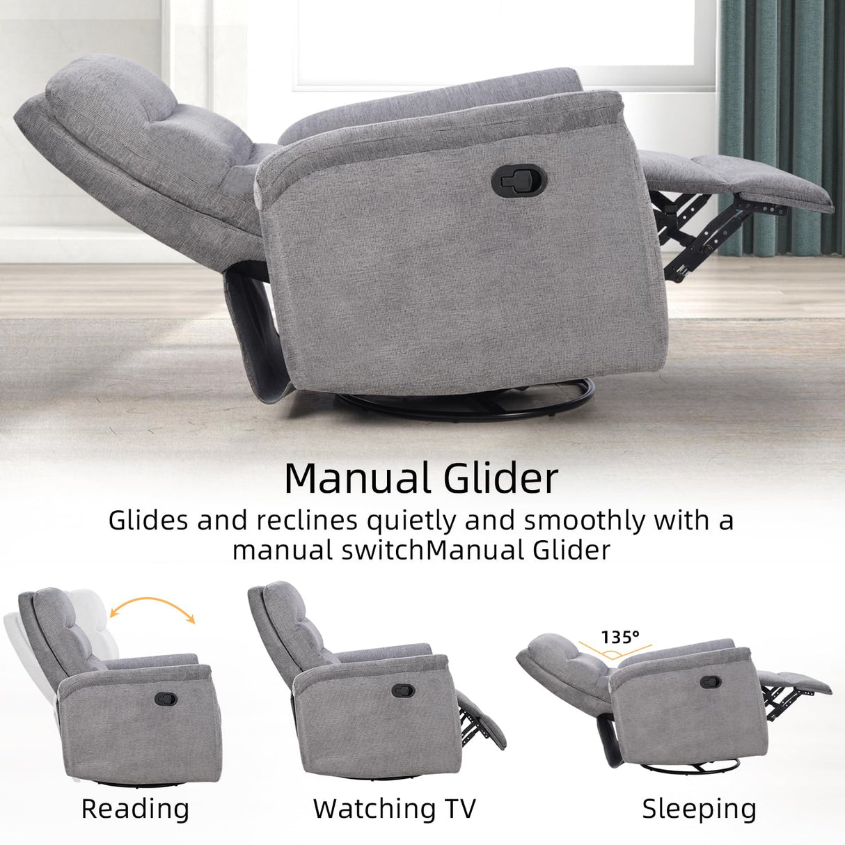 INZOY Swivel Rocker Recliner, Nursery Glider Chair, Manual Chairs Swivel Glider Recliners with Soft Backrest, Fabric Manual Reclining Sofa for Living Room Bedroom Apartment, Grey INZOY