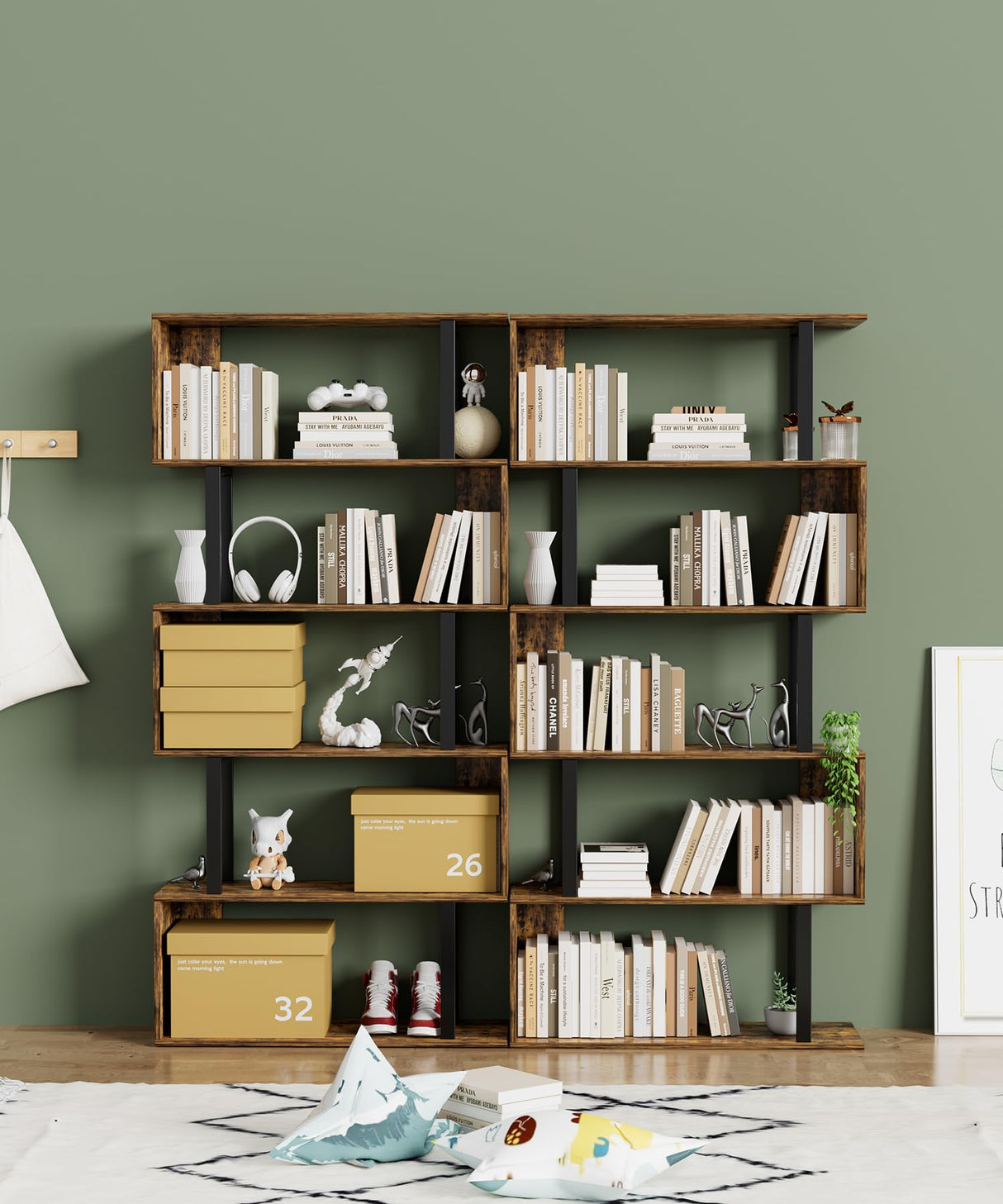 Gadroad 5-Tier Geometric Bookcase,S Shaped Bookshelf, Wood Decorative Storage Shelving, Modern Freestanding Display Shelves, Tall Book Shelf Unit for Living Room Bedroom, Rustic Brown Gadroad