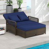 Tangkula Patio Adjustable Wicker Daybed, Rattan Loveseat & Storage Ottoman w/ 4-Level Backrest & Soft Cushions, Space-Saving 2-Person Sun Lounger for Backyard, Porch (Navy) Tangkula