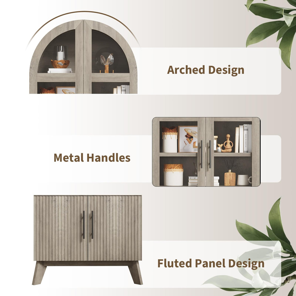 RNLRNL 71" Modern Fluted Display Cabinet with Glass Door, Arched Curio Cabinet with Adjustable Shelf, Bookcase for Collectibles Books, Storage Cabinet for Living Room, Dining Room, Grey RNLRNL