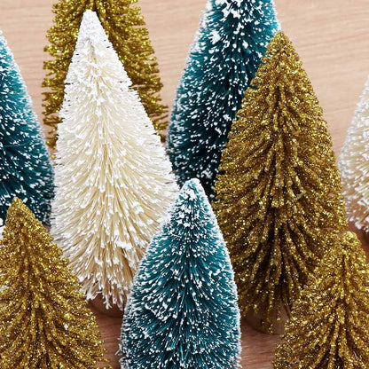 AerWo 24Pcs Mini Christmas Trees Bottle Brush Trees with Wood Base, Christmas Village Trees for Tabletop Christmas Decor Holiday Winter Decorations