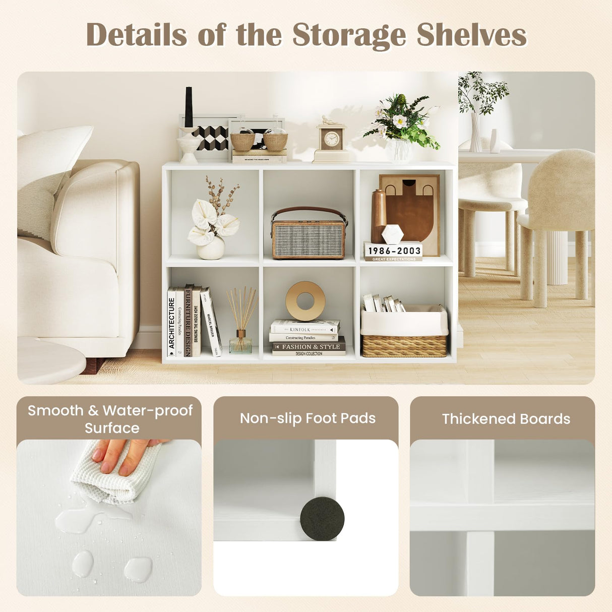 Tangkula 6-Cube Bookcase, Large Floor Standing Horizontal Bookshelf with 6 Open Shelves & 2 Anti-Tipping Kits, Home Office Wooden Storage Book Shelf for Living Room, Study (White, 6-Cube) Tangkula