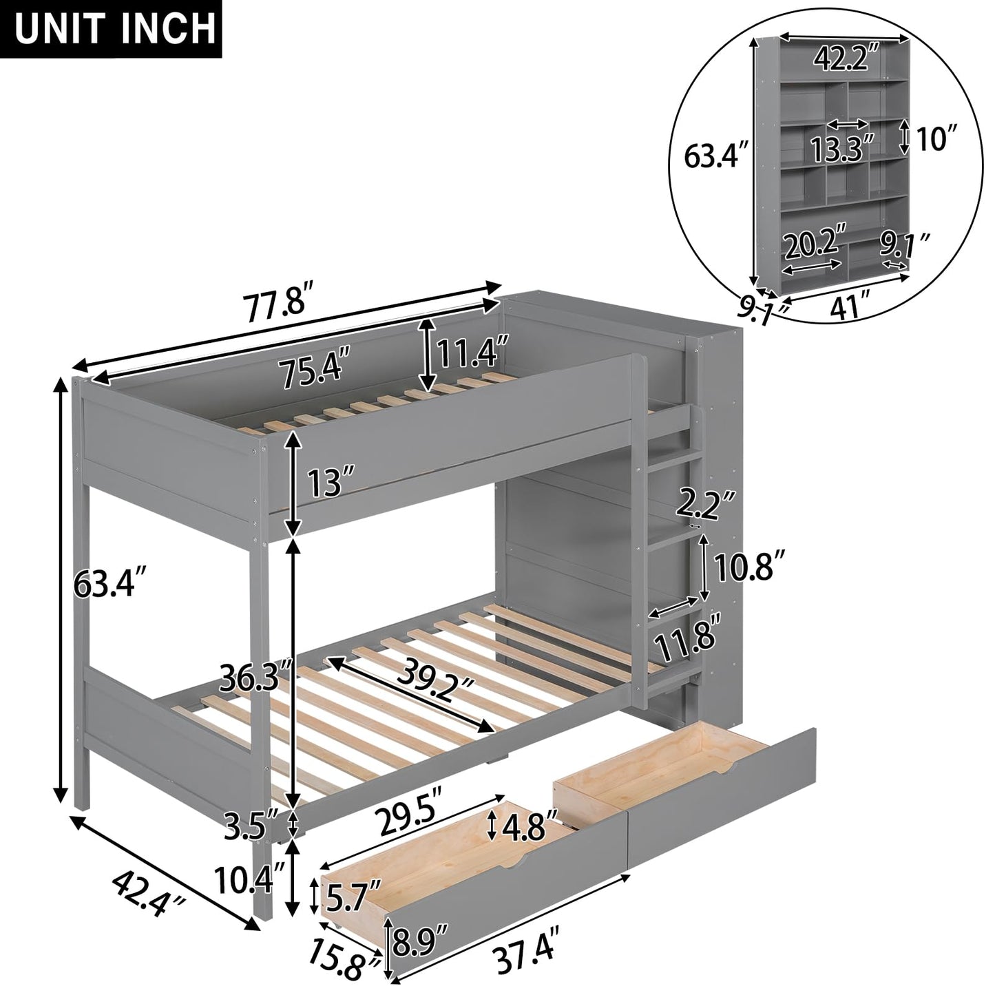 Harper & Bright Designs Twin Over Twin Bunk Bed with Storage, Wood Bunk Bed Frame with 2 Drawers and Multi-Layer Cabinet, Gray