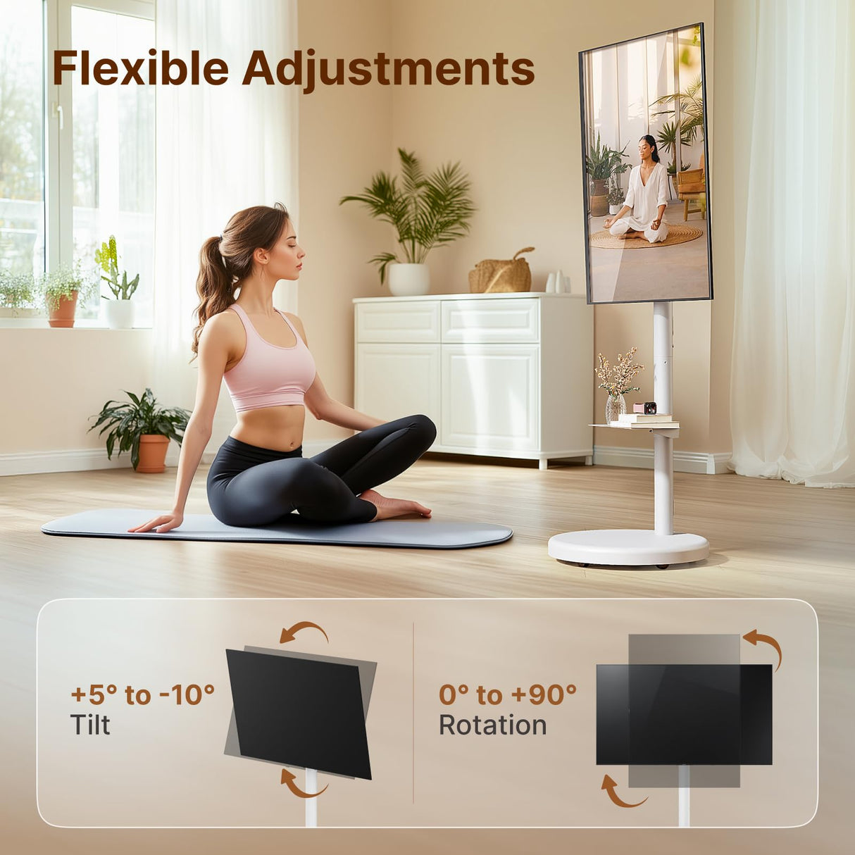 ECOTINY Height Adjustable Rolling TV Stand for 37-86 Inch TV up to 110 Pounds, Portrait to Landscape, Heavy Duty Mobile TV Cart with Shelf Max VESA 600x400mm (White) ECOTINY