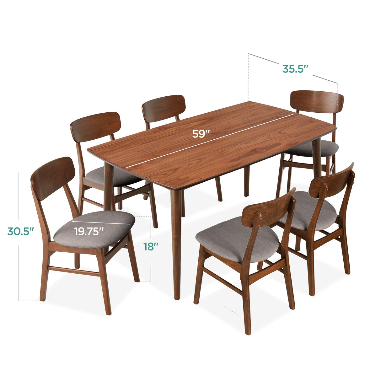 Best Choice Products 7-Piece Wooden Dining Room Table Set, Mid-Century Modern, Kitchen Table w/ 6 Chairs, Upholstered Cushions, Curved Backrests, Rounded Table Corners - Walnut/Gray Best Choice Products