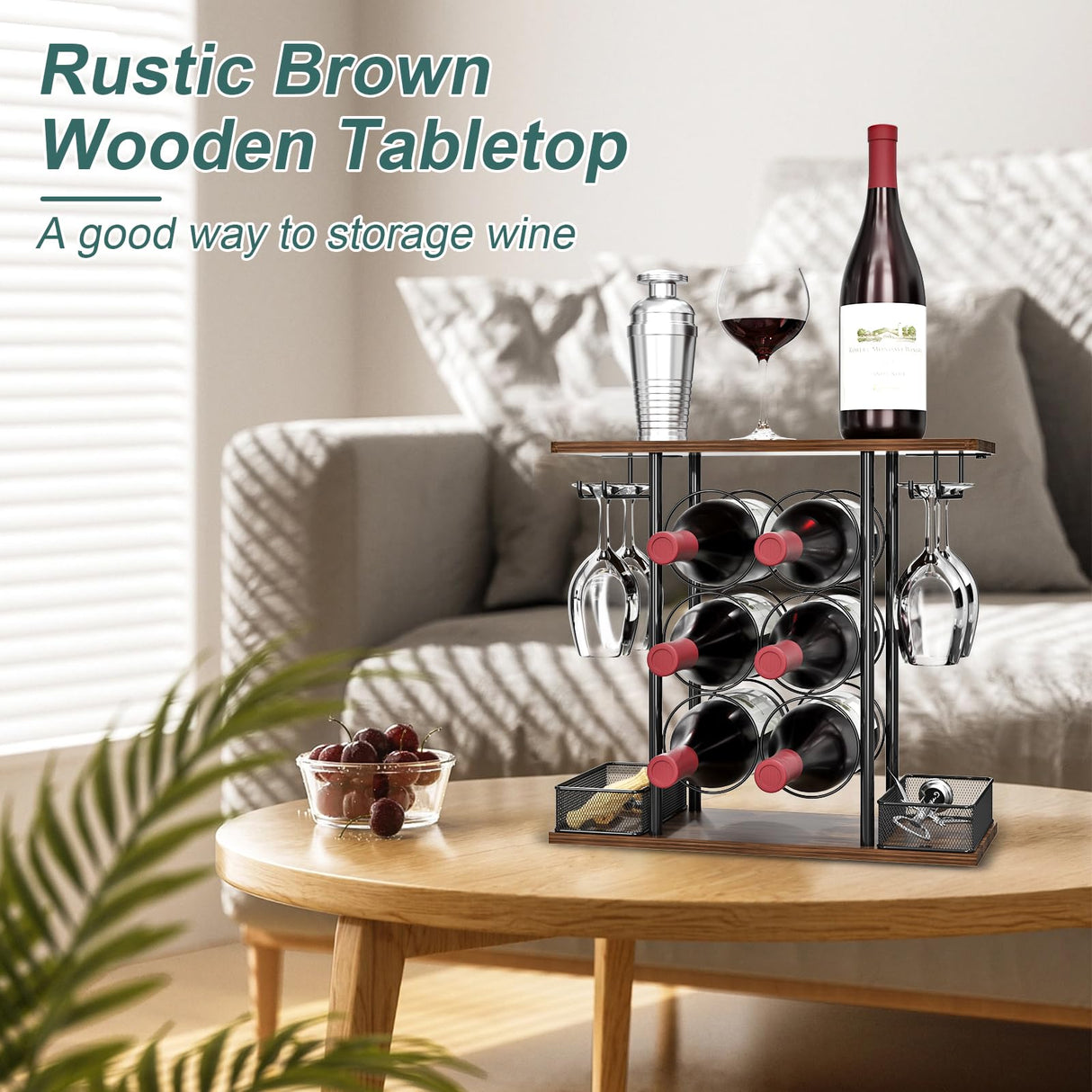 VyGrow Wine Rack, Sturdy Wine Holder, 3 Tier Wood & Metal Wine Racks Counertop, Easy Assembly Wine Bottle Holder for 6 Bottles and 4 Glasses for Home, 6.29" D x 16.14" W x 15.82" H VyGrow