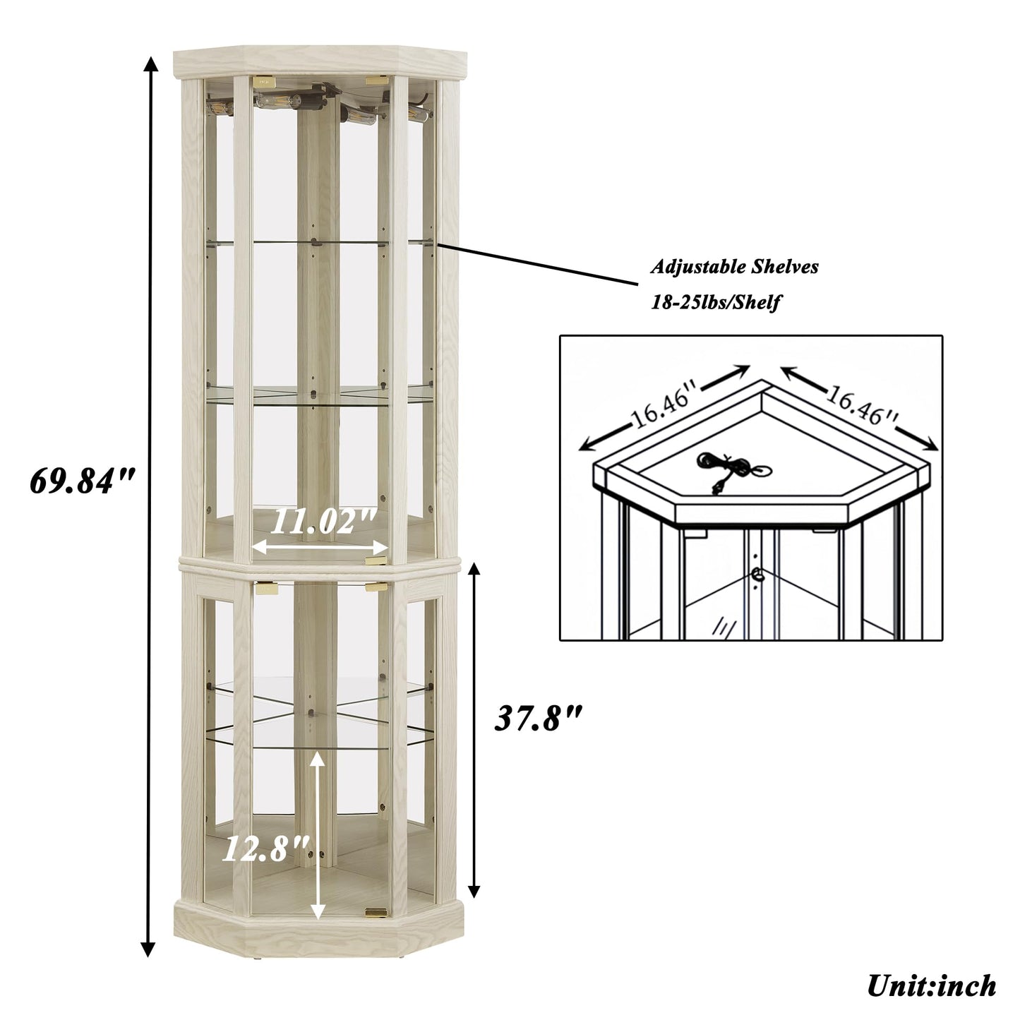 XZTUAJ 69"H Lighted Curio Cabinet Corner Display Case, Corner Glass Cabinet with Adjustable Shelves and Tempered Glass, Wooden Corner Curio Cabinet w/ Mirrored Back Pane for Living Room(Antique White)
