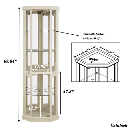 XZTUAJ 69"H Lighted Curio Cabinet Corner Display Case, Corner Glass Cabinet with Adjustable Shelves and Tempered Glass, Wooden Corner Curio Cabinet w/ Mirrored Back Pane for Living Room(Antique White)