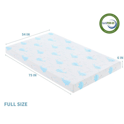 OUUI 6 Inch Full Mattress, Removable Washable Cover with Whales Pattern Cooling Memory Foam Medium Feel, Bed-in-a-Box, CertiPUR-US Certified, White/Blue