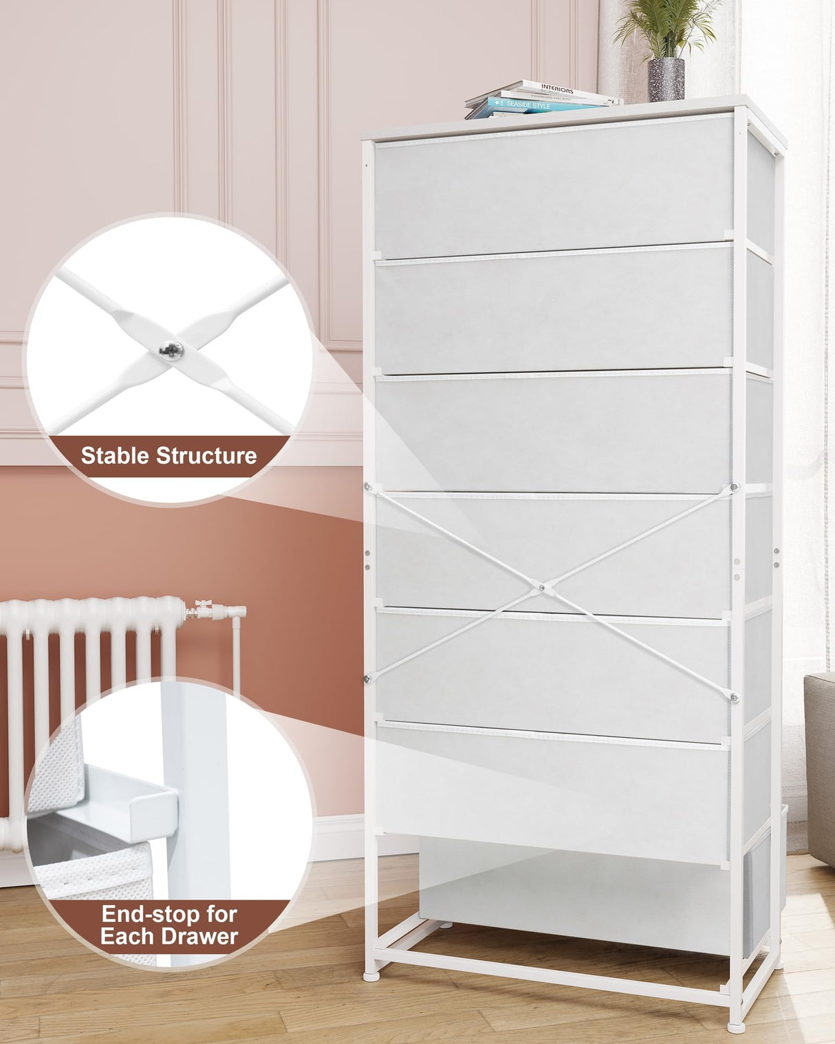 Crestlive Products Tall Dresser, 7-Drawer Wide Fabirc Storage Tower, Chests of Drawers - Vertical Organizer Unit for Bedroom, Hallway, Entryway, Nursery, Wood Top, Closets with Handles (White) Crestlive Products