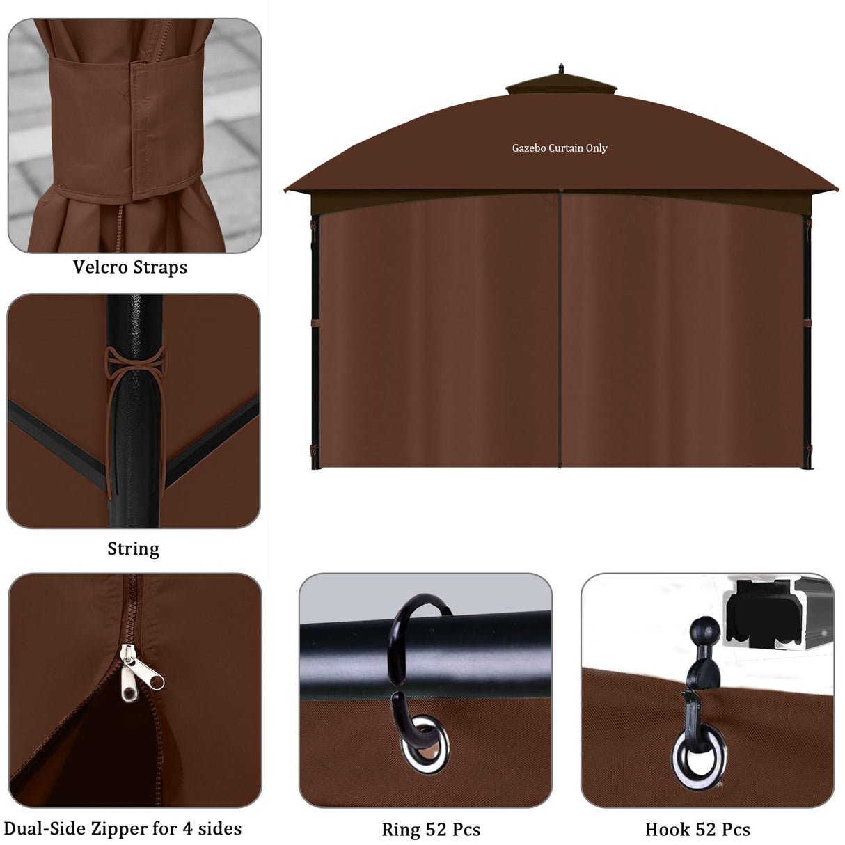 DURCOVER Gazebo Replacement Curtain, 10x12ft Universal Gazebo Curtain with Zippers for Outdoor Gazebo 4-Panel Screen Sidewalls, Brown (Curtain Only) DURCOVER