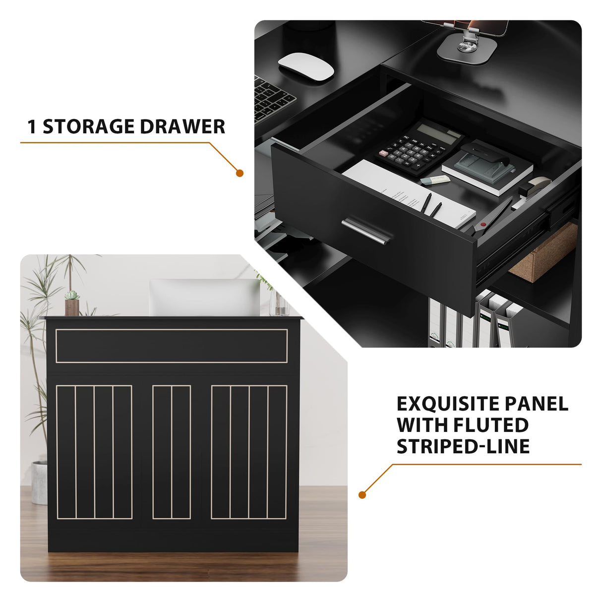 Reception Desk with Storage Shelves and Drawer, L-Shaped Modern Front Desk with Power Outlet, Reception Counter Table for Checkout, Lobby, Beauty Salon GatherHome