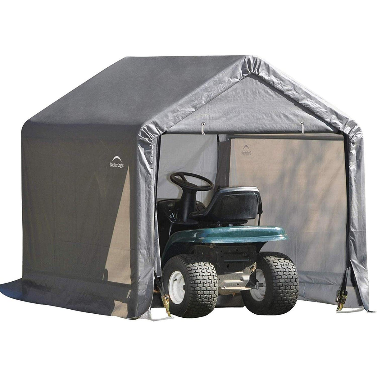 ShelterLogic 6' x 6' Shed-in-a-Box All Season Steel Metal Frame Peak Roof Outdoor Storage Shed with Waterproof Cover and Heavy Duty Reusable Auger Anchors, Grey ShelterLogic