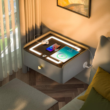 HOMEMORE Smart Nightstand Floating Bedside Table LED Nightstand with Charging Floating Nightstand Bedroom Options for Young People.Grey HOMEMORE