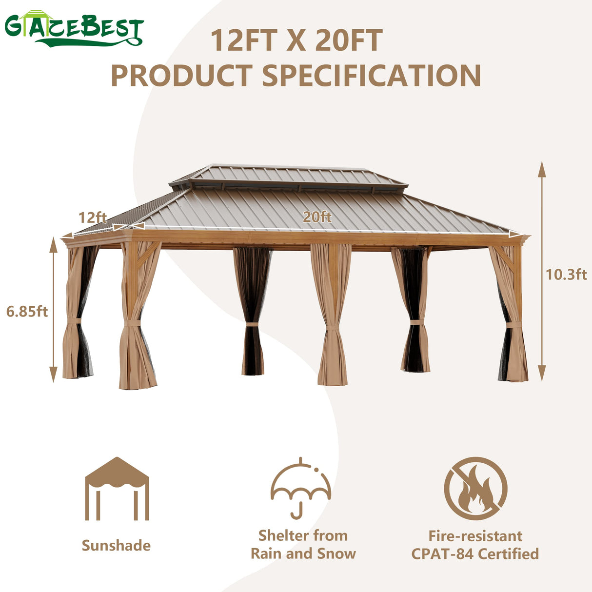 GAZEBEST 12' X 20' Permanent Hardtop Gazebo, Outdoor Galvanized Steel Double Roof Pavilion Pergola Canopy Wood-Looking with Aluminum Frame and Privacy Curtains for Garden,Patio Backyard,Deck and Lawns GAZEBEST