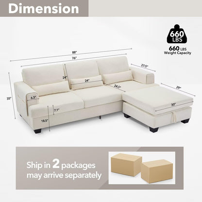 Siiejia 88" Sectional Couches for Living Room, Comfy L Shaped Sofa Couch with Storage Ottoman & Pocket, Modern 3 Seater Boucle Couch with Lumbar Pillows for Apartment, Office, Easy Assembly, Beige