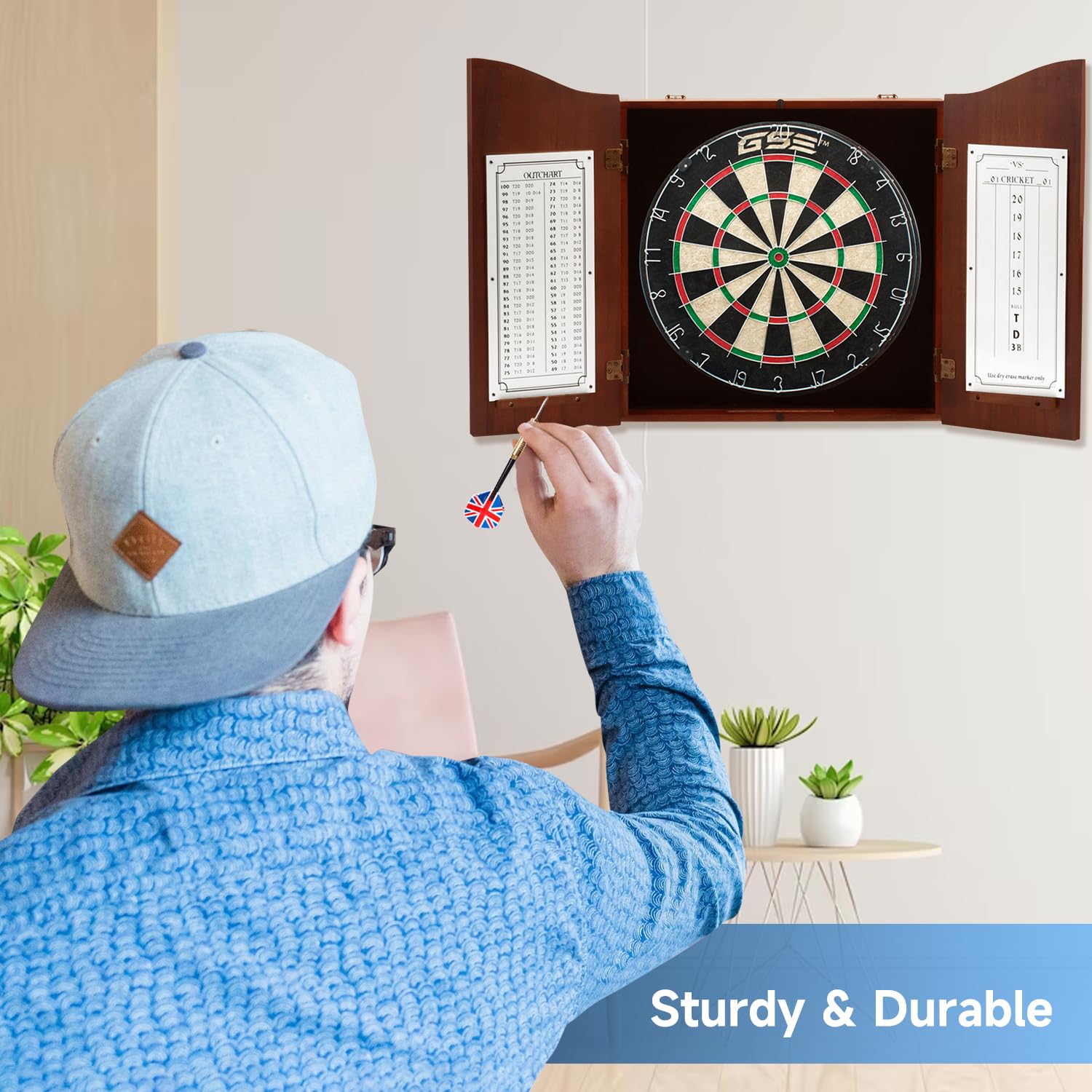 GSE Professional Solid Wood Classic Dartboard Cabinet with Sisal/Bristle Dartboard, Dart Scoreboard, and 6 Steel Tip Darts, Easy Assembly Complete with All Accessories(Deluxe Walnut) - WoodArtSupply